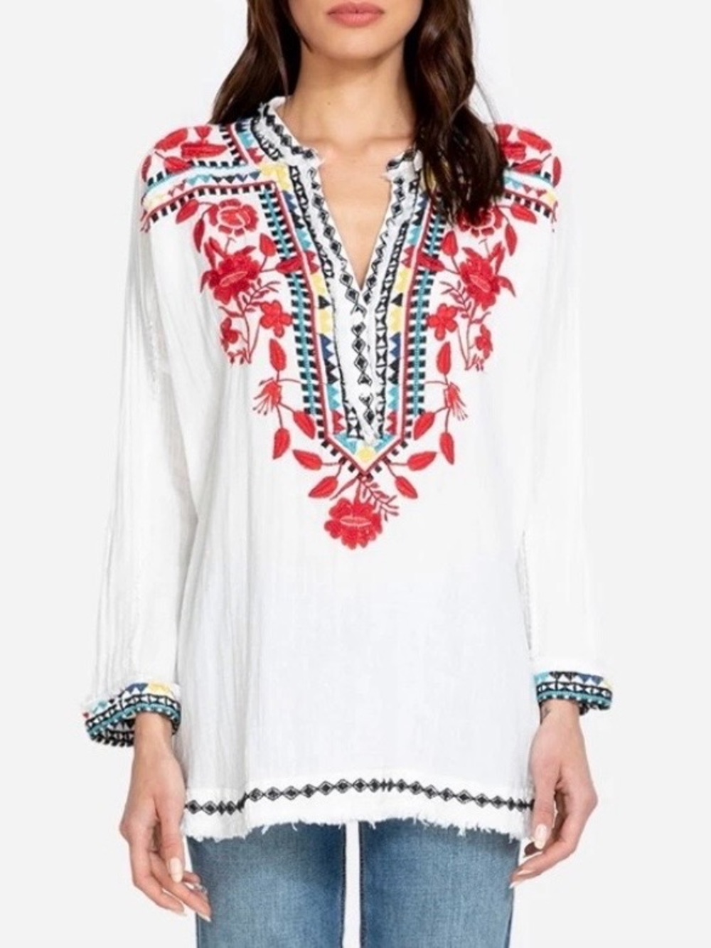 Johnny Was Belvedere Gauze Embroidered V-Neck Tunic in white, size Small